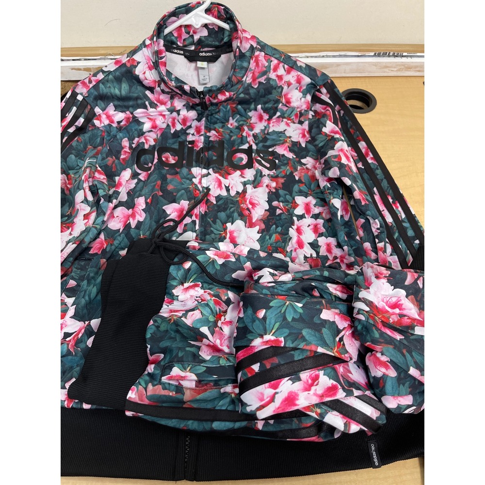 Adidas Neo Womens Floral Tracksuit Set Jacket and Joggers Pink Green Size M